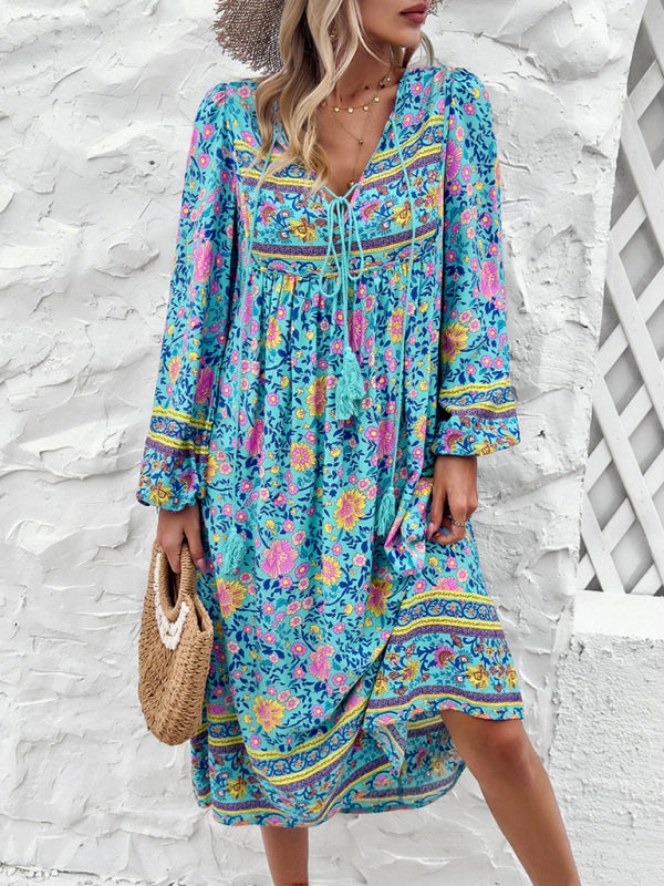 Resort Printed Bohemian Long Sleeve Dress BLUE ZONE PLANET