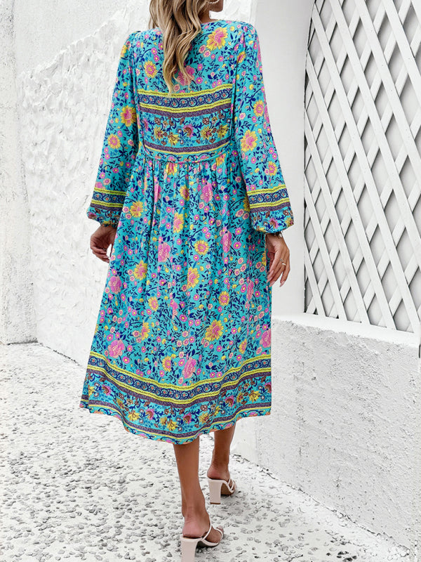 Resort Printed Bohemian Long Sleeve Dress BLUE ZONE PLANET
