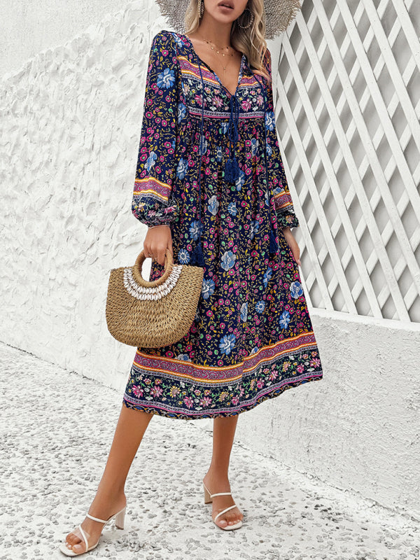 Resort Printed Bohemian Long Sleeve Dress BLUE ZONE PLANET