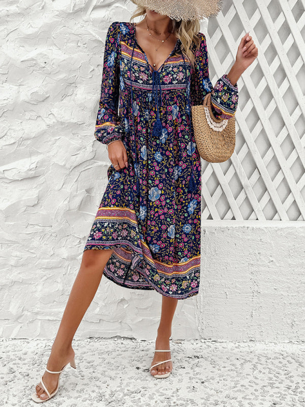 Resort Printed Bohemian Long Sleeve Dress BLUE ZONE PLANET