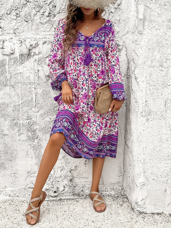 Resort Printed Bohemian Long Sleeve Dress BLUE ZONE PLANET