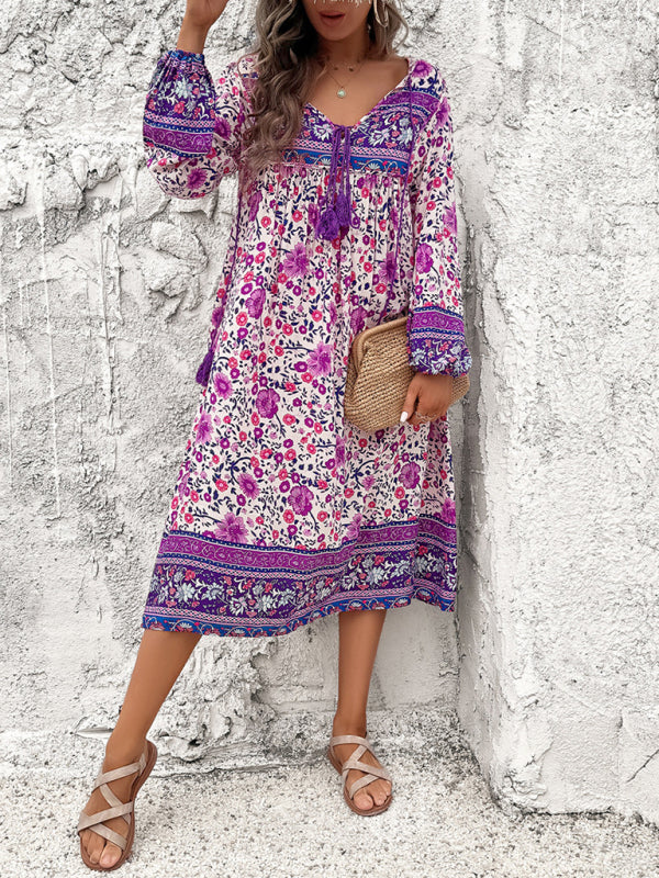 Resort Printed Bohemian Long Sleeve Dress BLUE ZONE PLANET