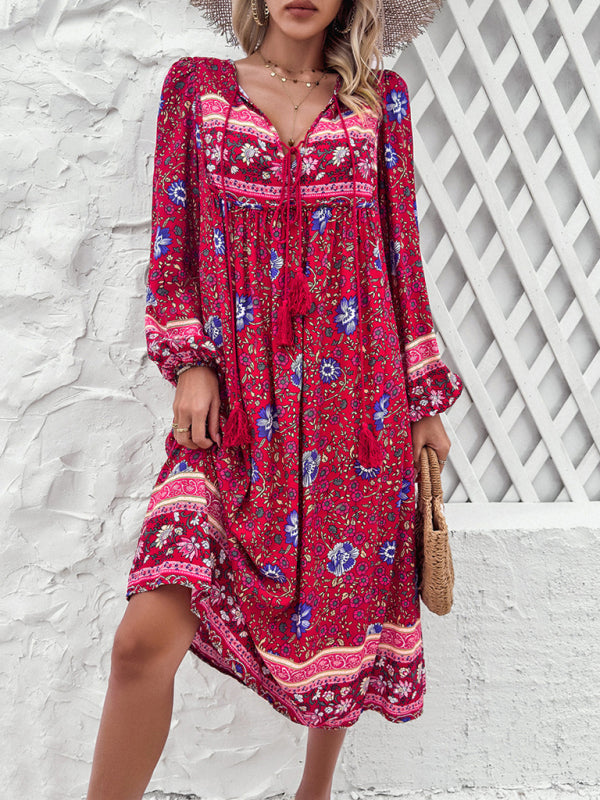 Resort Printed Bohemian Long Sleeve Dress BLUE ZONE PLANET