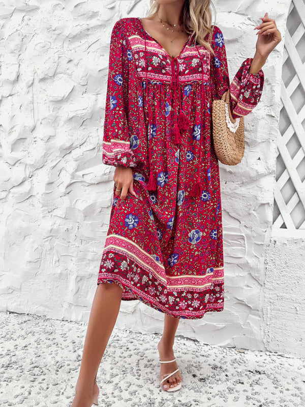Resort Printed Bohemian Long Sleeve Dress BLUE ZONE PLANET