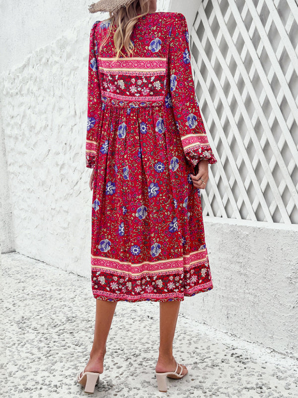Resort Printed Bohemian Long Sleeve Dress BLUE ZONE PLANET