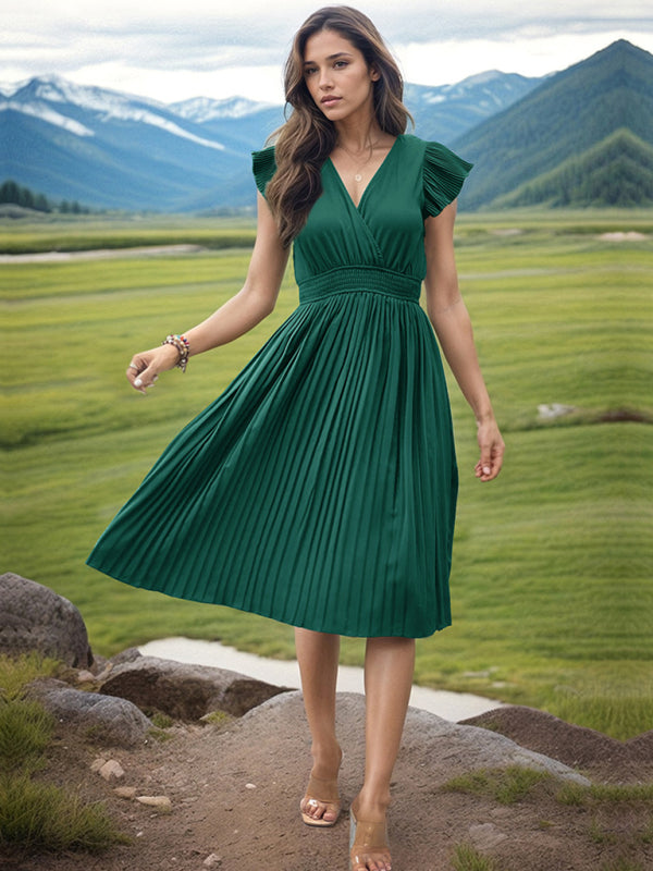 style simple V-neck high-waisted pleated dress BLUE ZONE PLANET