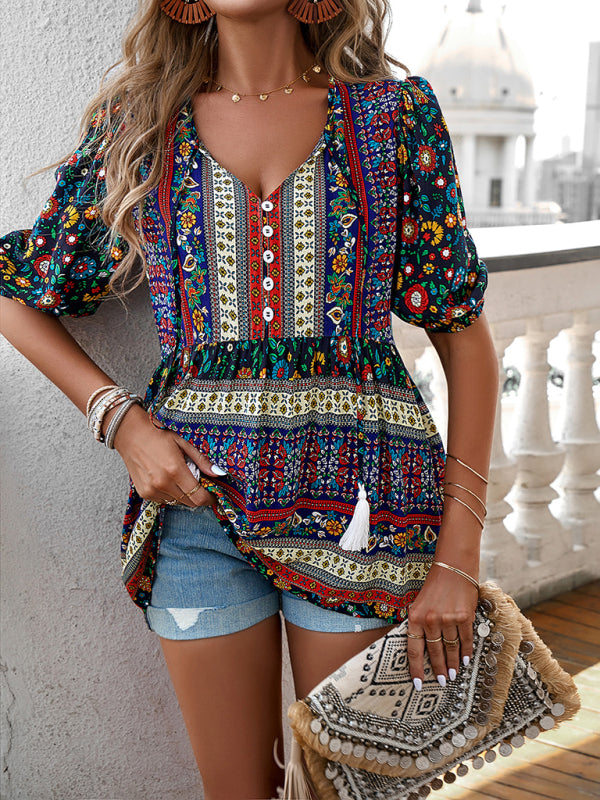 Blue Zone Planet |  tassel V-neck printed resort style top BLUE ZONE PLANET