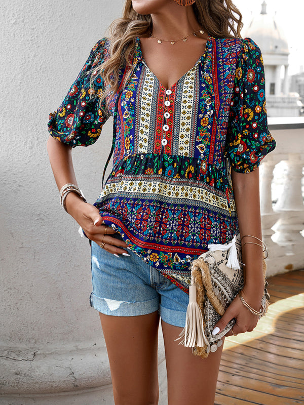 Blue Zone Planet |  tassel V-neck printed resort style top BLUE ZONE PLANET