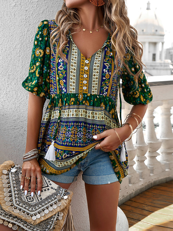 Blue Zone Planet |  tassel V-neck printed resort style top BLUE ZONE PLANET