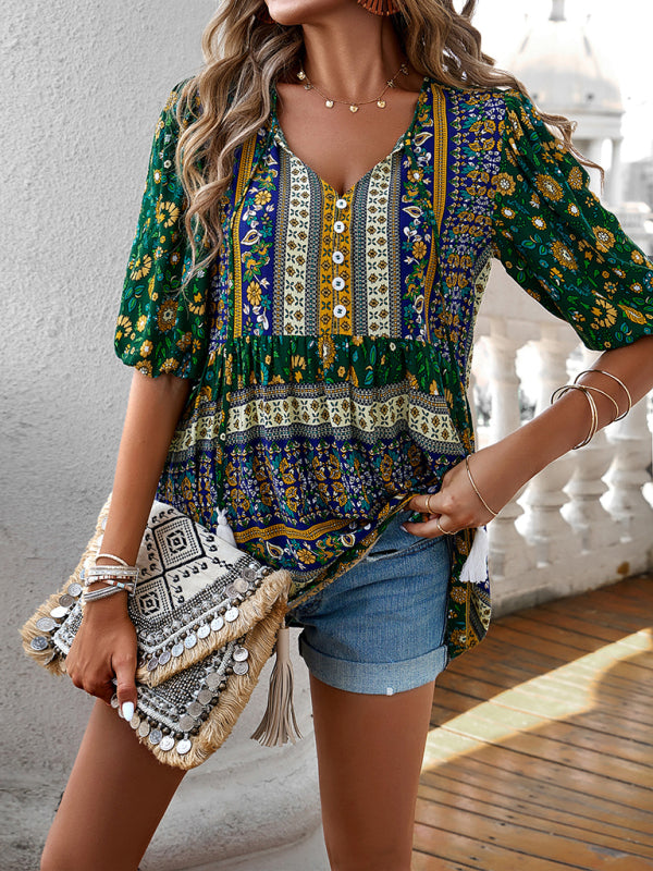 Blue Zone Planet |  tassel V-neck printed resort style top BLUE ZONE PLANET