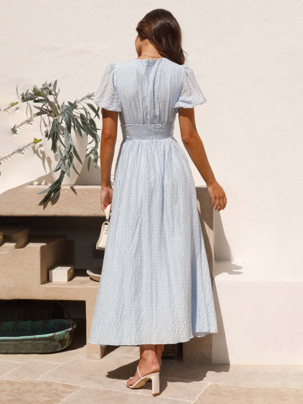 Solid Color V-Neck Long Puff Sleeve Oversized Waist Dress BLUE ZONE PLANET