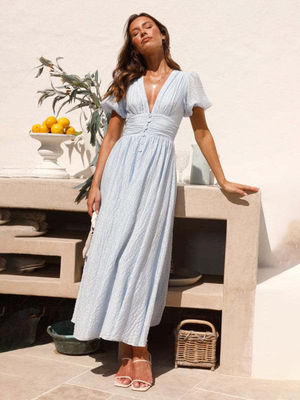 Solid Color V-Neck Long Puff Sleeve Oversized Waist Dress BLUE ZONE PLANET