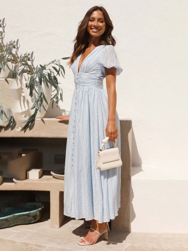 Solid Color V-Neck Long Puff Sleeve Oversized Waist Dress BLUE ZONE PLANET