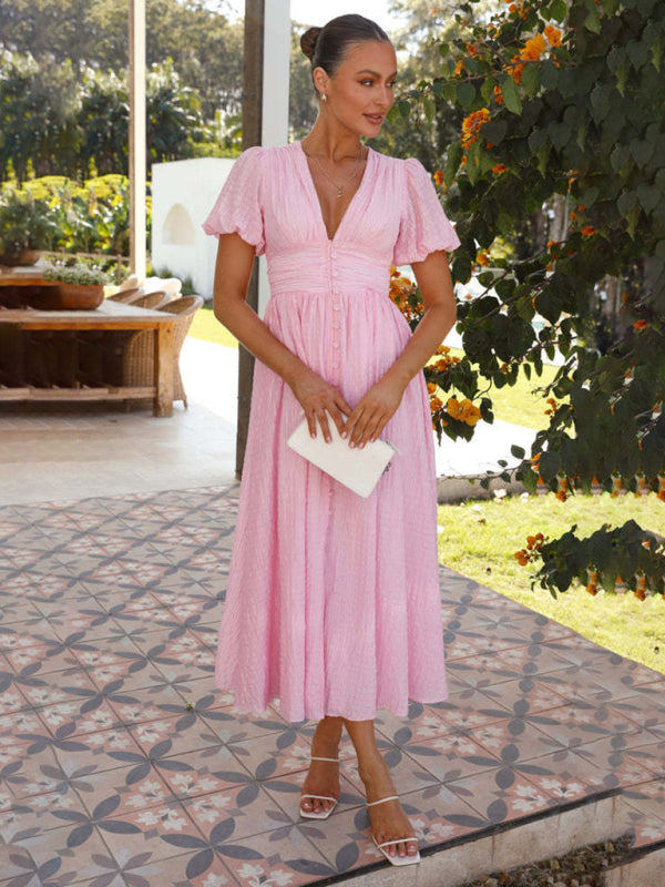 Solid Color V-Neck Long Puff Sleeve Oversized Waist Dress BLUE ZONE PLANET