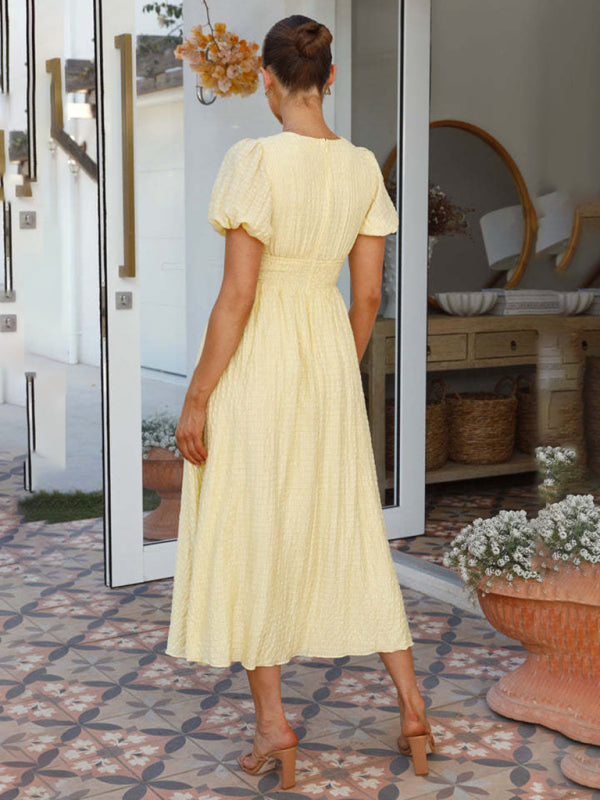 Solid Color V-Neck Long Puff Sleeve Oversized Waist Dress BLUE ZONE PLANET