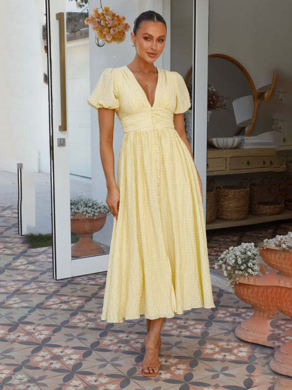 Solid Color V-Neck Long Puff Sleeve Oversized Waist Dress BLUE ZONE PLANET