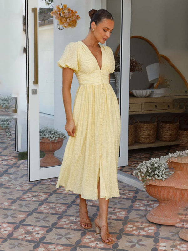 Solid Color V-Neck Long Puff Sleeve Oversized Waist Dress BLUE ZONE PLANET