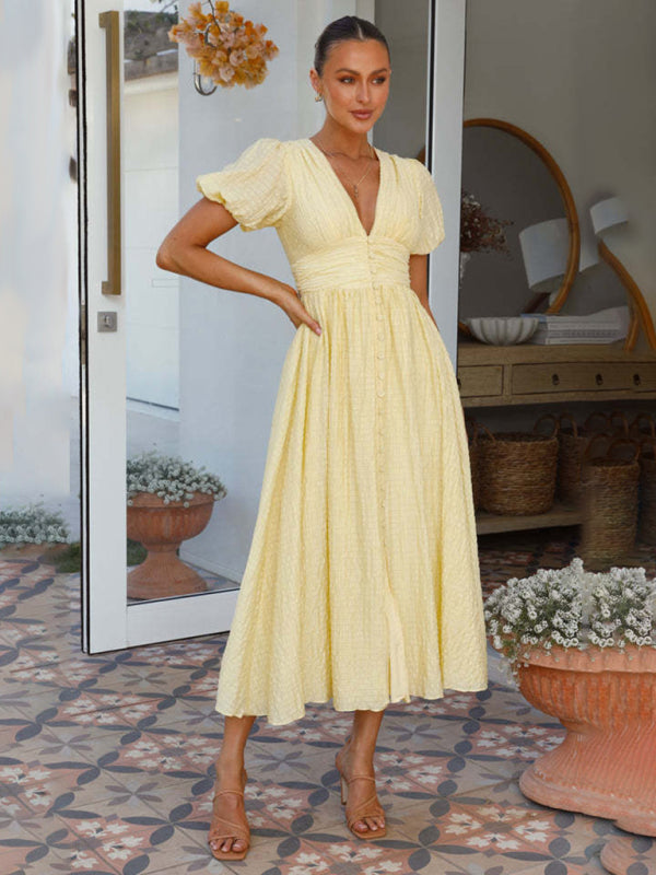 Solid Color V-Neck Long Puff Sleeve Oversized Waist Dress BLUE ZONE PLANET