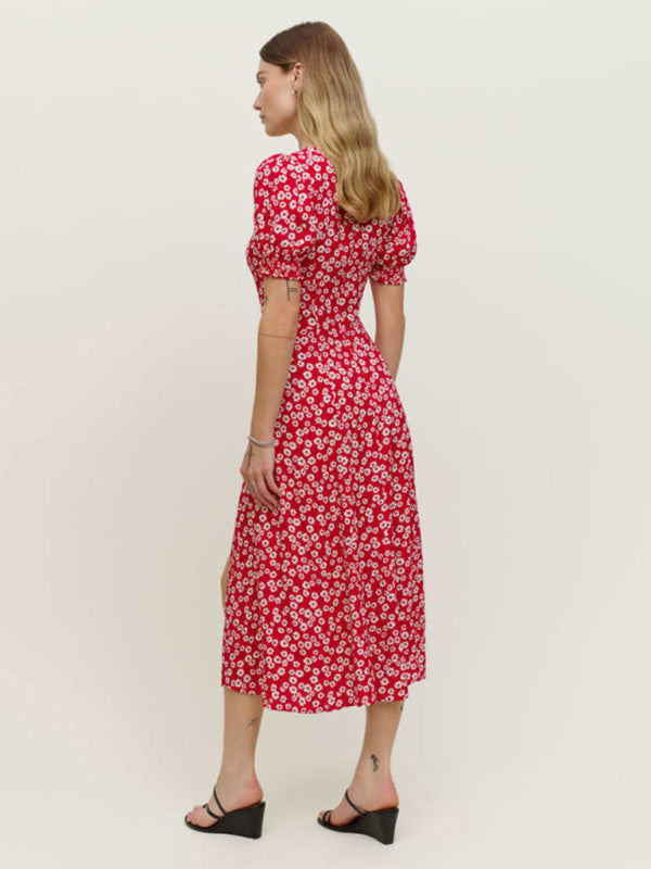 square neck lantern short sleeve printed hem slit long dress BLUE ZONE PLANET