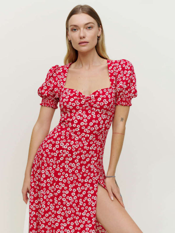 square neck lantern short sleeve printed hem slit long dress BLUE ZONE PLANET