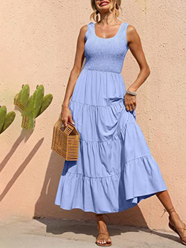 spaghetti strap skirt pleated stitching A-line large hem dress BLUE ZONE PLANET