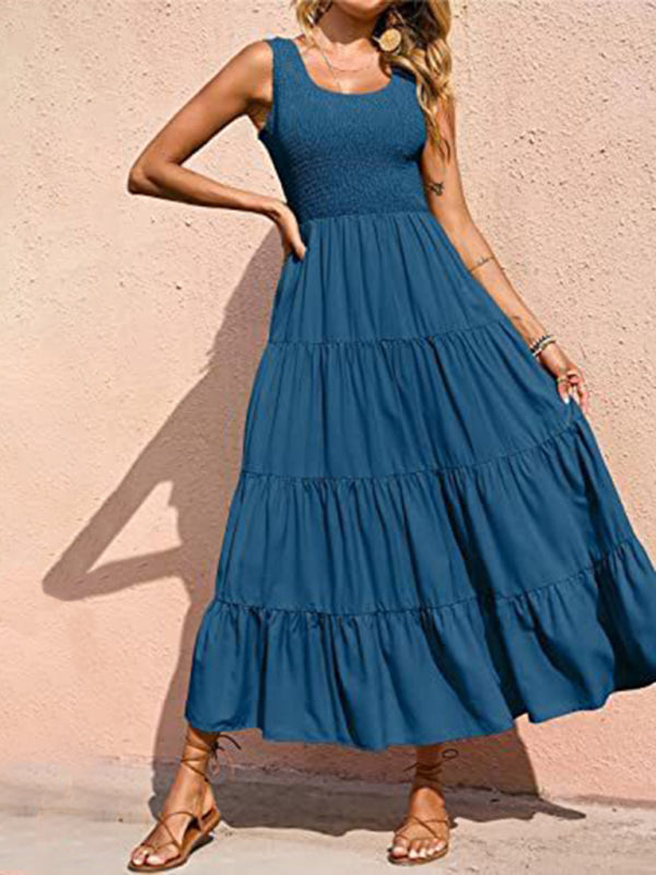 spaghetti strap skirt pleated stitching A-line large hem dress BLUE ZONE PLANET