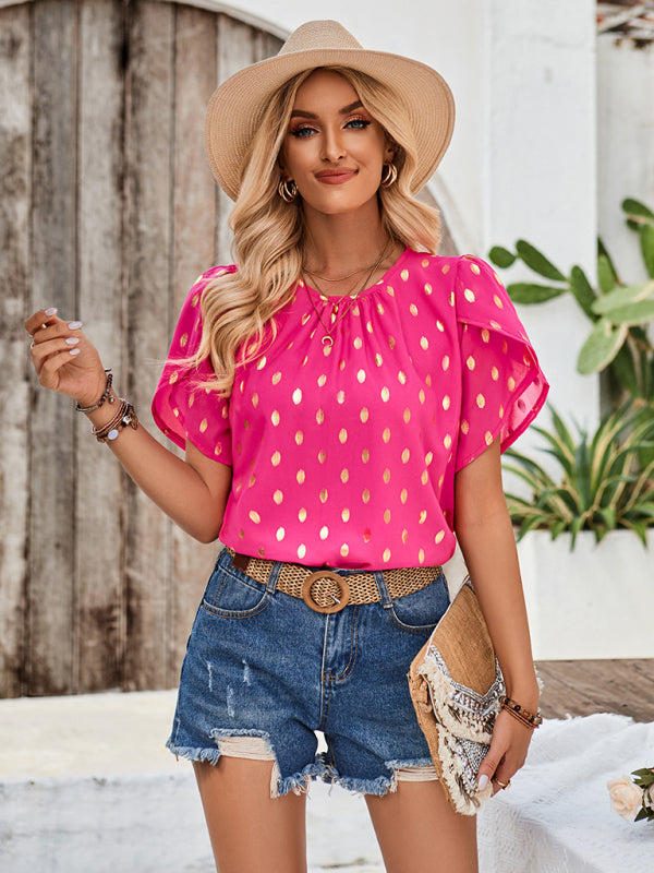 round neck pleated polka dot short sleeve top BLUE ZONE PLANET