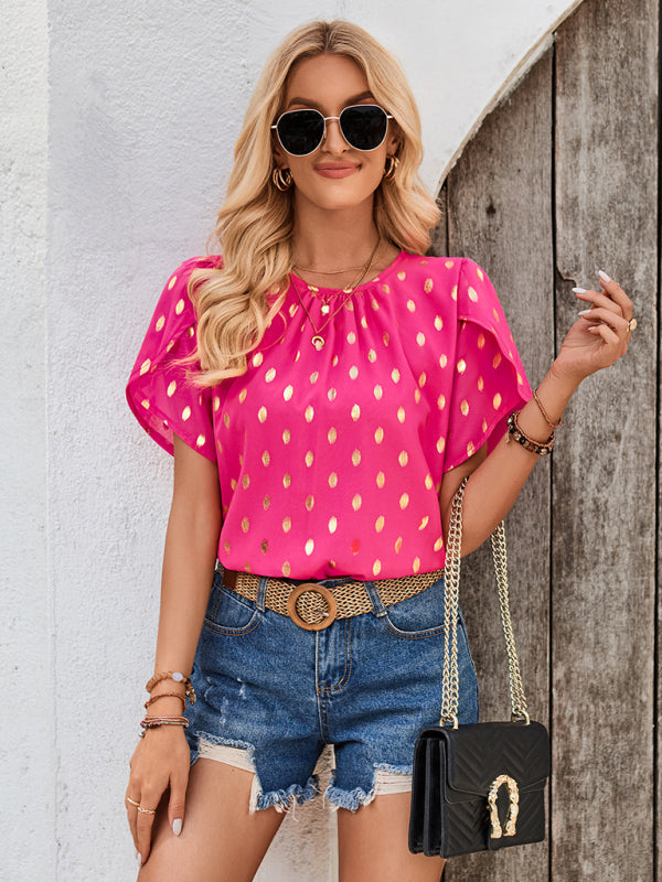 round neck pleated polka dot short sleeve top BLUE ZONE PLANET