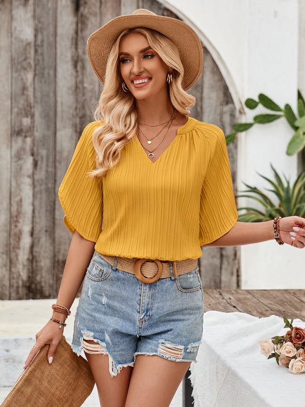 solid color V-neck slim fit hollow top BLUE ZONE PLANET