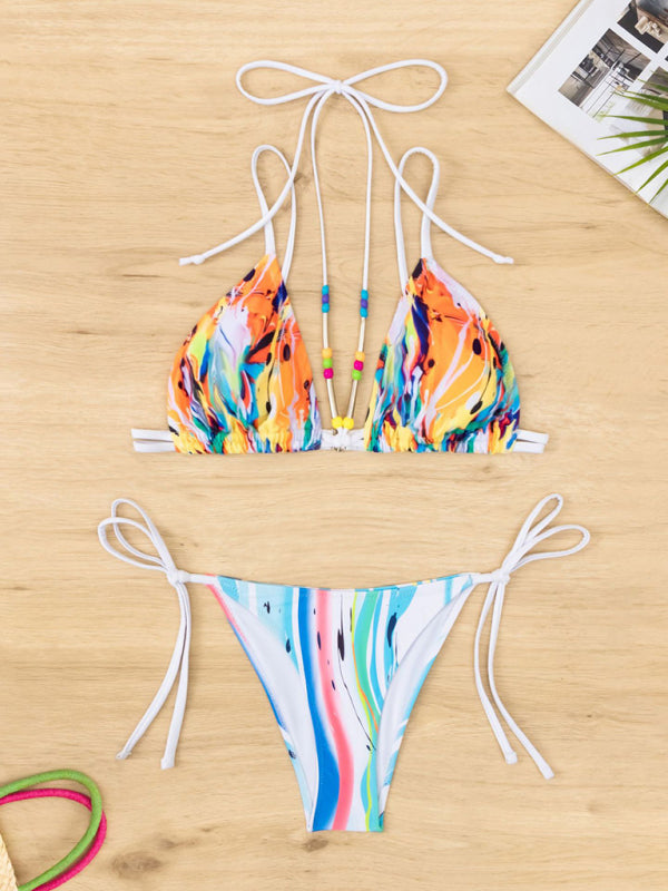 Blue Zone Planet |  Bikini Drawstring Beaded Lace Printed Split Triangle Swimsuit BLUE ZONE PLANET