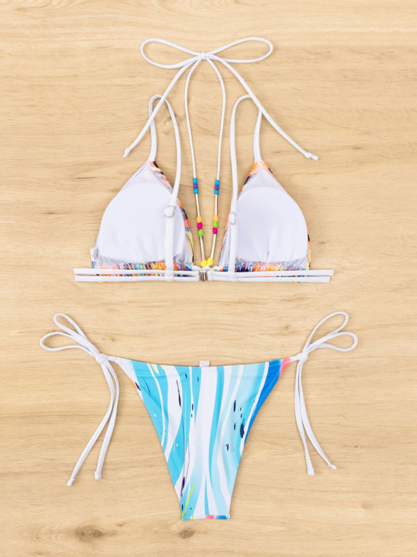 Blue Zone Planet |  Bikini Drawstring Beaded Lace Printed Split Triangle Swimsuit BLUE ZONE PLANET