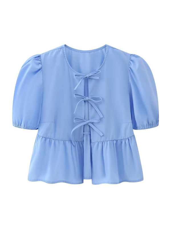 hottie slim fit strappy puff sleeve short sleeve shirt top BLUE ZONE PLANET