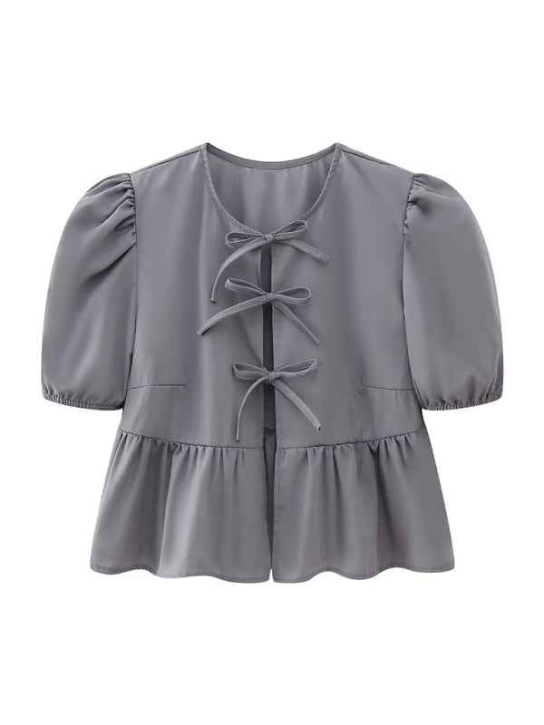 hottie slim fit strappy puff sleeve short sleeve shirt top BLUE ZONE PLANET