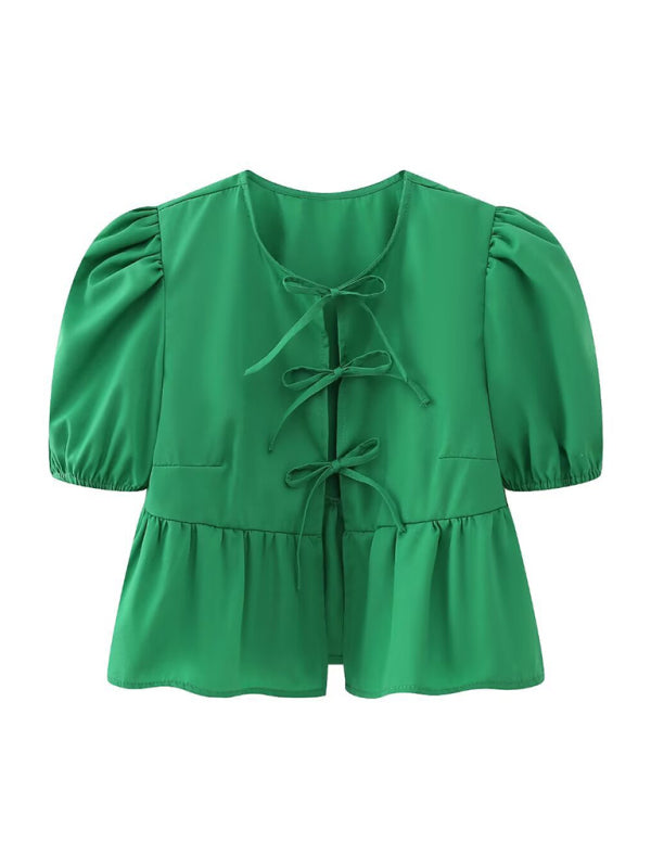 hottie slim fit strappy puff sleeve short sleeve shirt top BLUE ZONE PLANET