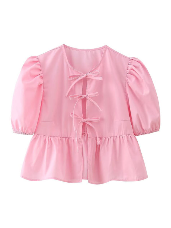 hottie slim fit strappy puff sleeve short sleeve shirt top BLUE ZONE PLANET