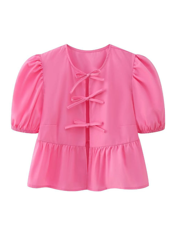 hottie slim fit strappy puff sleeve short sleeve shirt top BLUE ZONE PLANET