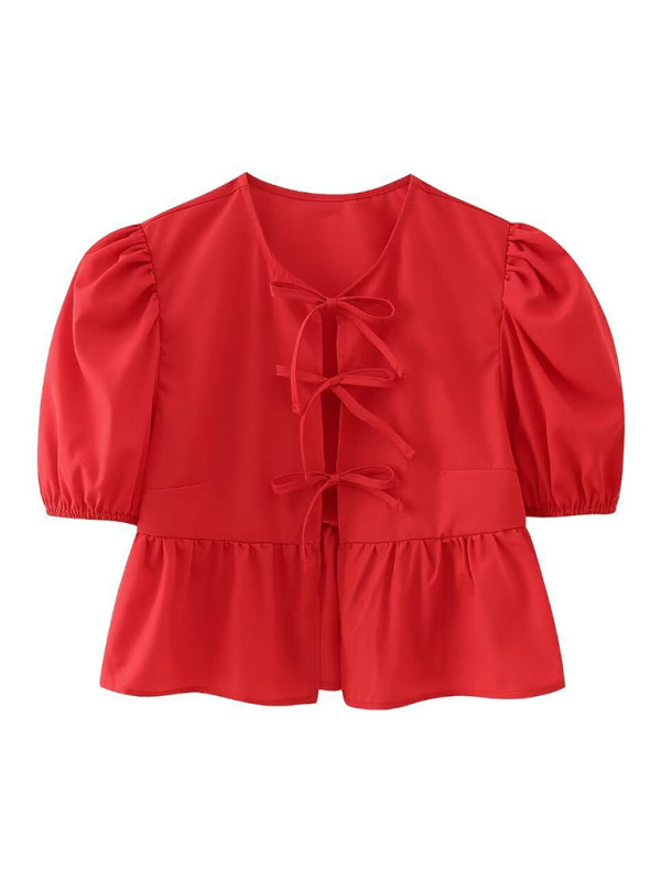 hottie slim fit strappy puff sleeve short sleeve shirt top BLUE ZONE PLANET