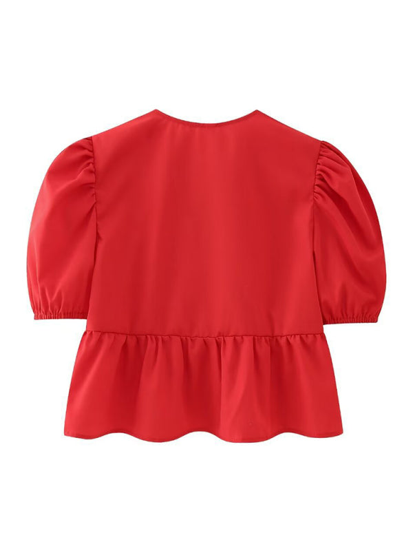 hottie slim fit strappy puff sleeve short sleeve shirt top BLUE ZONE PLANET