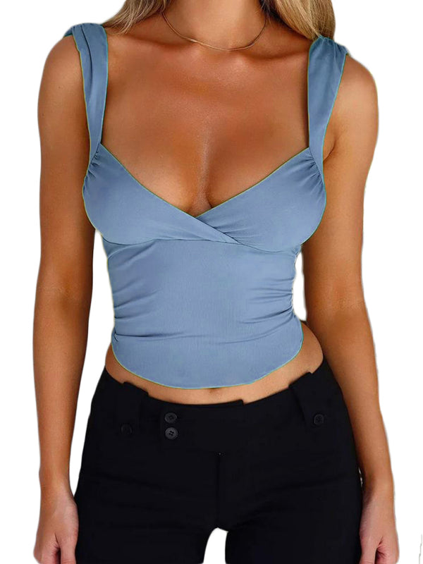 Blue Zone Planet |  Ava's Spaghetti Strap Cross Large V-Neck Backless Lace-Up able Top BLUE ZONE PLANET