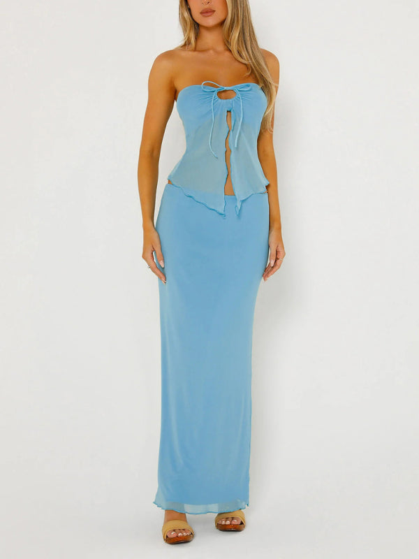 Blue Zone Planet |  Emily's Solid Color Sleeveless Mesh Double Layer Slit Tube Top Vest and Maxi Skirt Suit Set BLUE ZONE PLANET