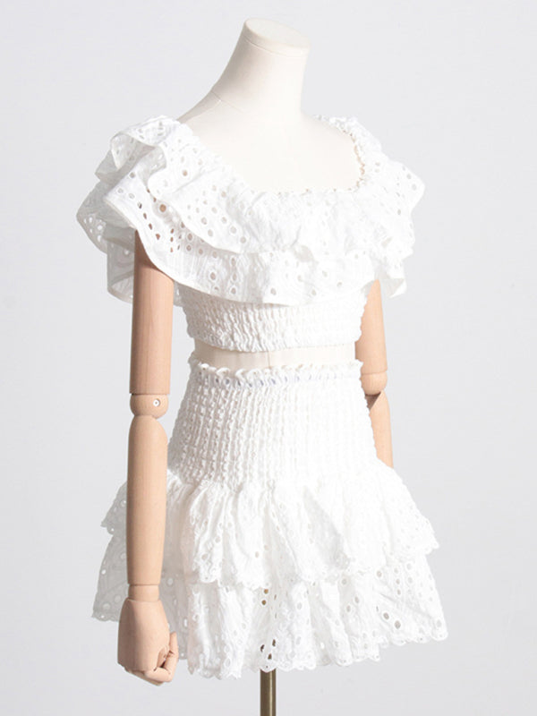 French-style ear-hemmed short top, high-waisted cake layer skirt, sexy two-piece suit kakaclo