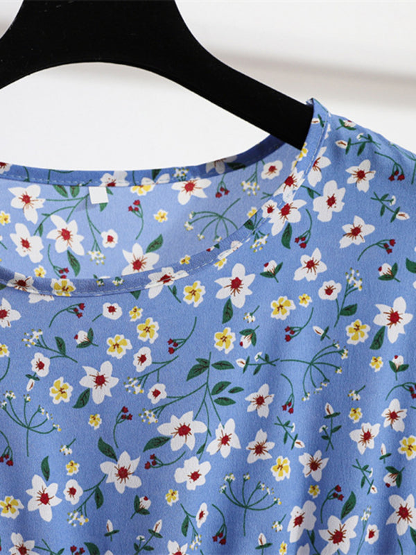 Long sleeve round neck waist slimming floral chiffon long dress BLUE ZONE PLANET