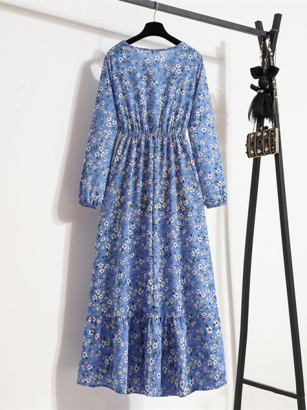 Long sleeve round neck waist slimming floral chiffon long dress BLUE ZONE PLANET