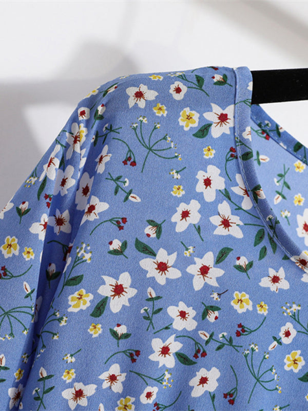 Long sleeve round neck waist slimming floral chiffon long dress BLUE ZONE PLANET