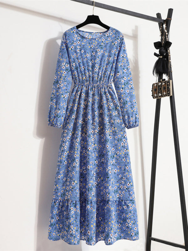 Long sleeve round neck waist slimming floral chiffon long dress BLUE ZONE PLANET