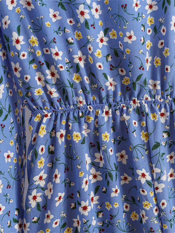 Long sleeve round neck waist slimming floral chiffon long dress BLUE ZONE PLANET