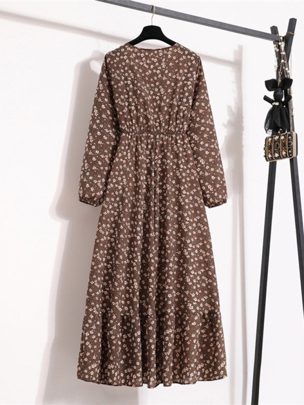 Long sleeve round neck waist slimming floral chiffon long dress BLUE ZONE PLANET