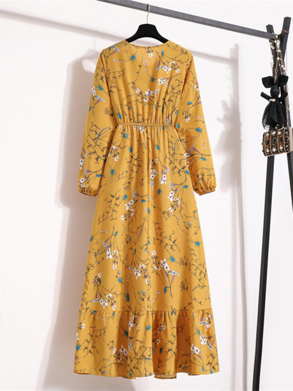Long sleeve round neck waist slimming floral chiffon long dress BLUE ZONE PLANET