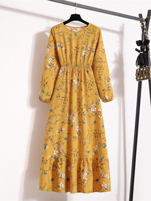 Long sleeve round neck waist slimming floral chiffon long dress BLUE ZONE PLANET