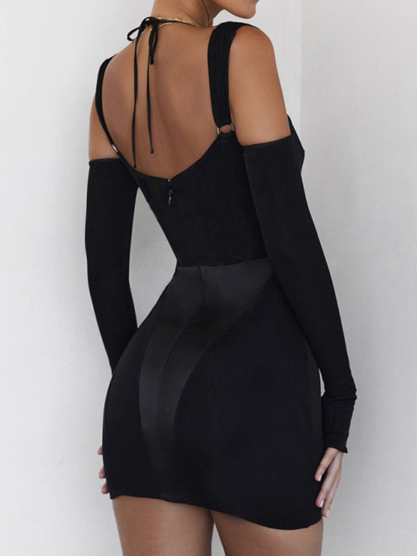 spaghetti strap backless see-through long-sleeved hip-covering dress (including sleeves) BLUE ZONE PLANET